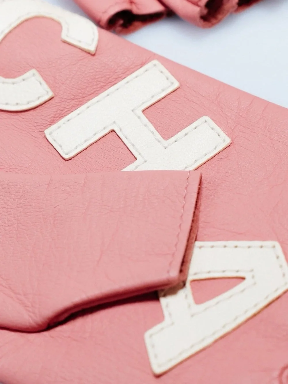 CHANEL Letters Pink White Leather Fingerless Gloves 7.5